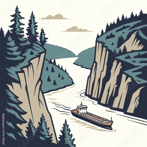 A cargo ship sails down a river between two cliffs