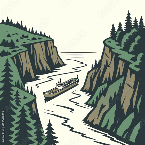 A large ship sails down a river between two cliffs