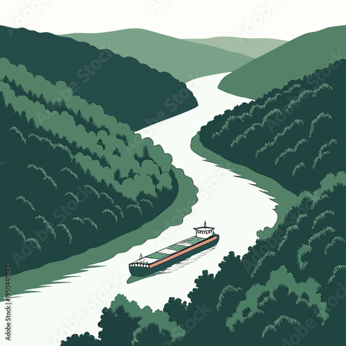 A large ship sails down a winding river