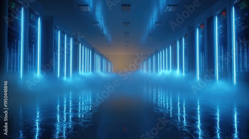 A futuristic data center room with rows of illuminated server racks and blue lighting, enveloped in a misty, high-tech atmosphere.