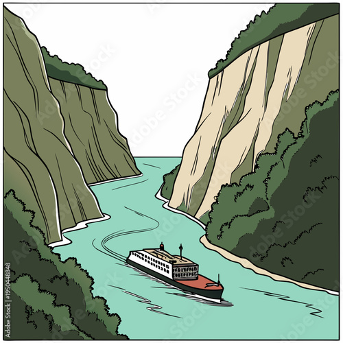 A large boat sails through a river canyon