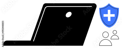 Cybersecurity, online privacy, user authentication, data security, digital protection, internet safety. Black laptop silhouette with a blue shield and user icons. Cybersecurity and online privacy