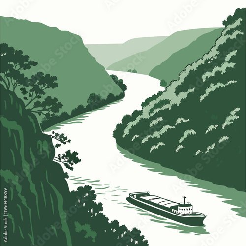 A large boat sails down a river between two green hills