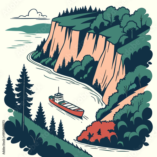 A large red ship sails through a narrow waterway