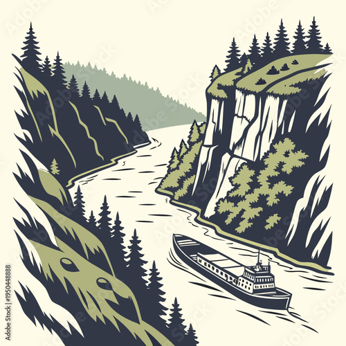 A boat sails down a river between two cliffs