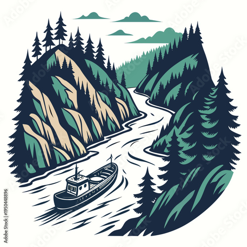 A boat sails down a winding river through a forest