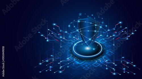 Abstract technology circuit board background with shield symbols concept of data protection and cyber privacy. modern security technology innovation concept background