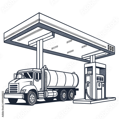 A large truck is parked under a gas station canopy