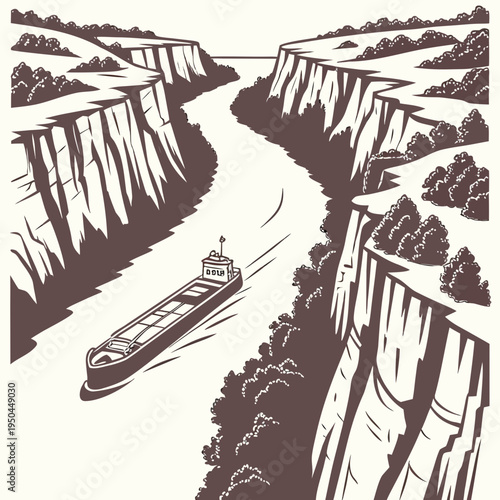 A boat is traveling down a river between two cliffs