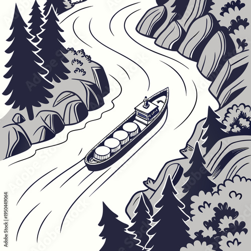 A boat is floating down a river surrounded by trees