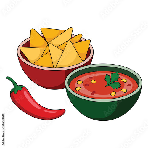 Mexican nachos with salsa dip and red chili pepper vector illustration snack icon.