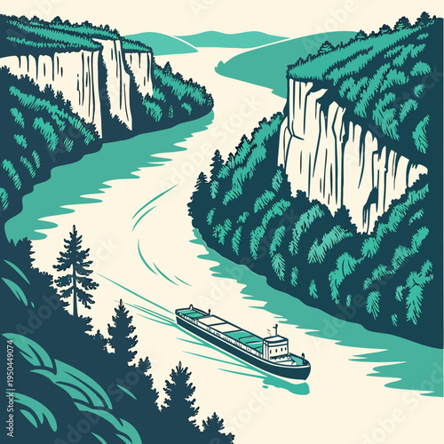 A large ship sails down a river between two cliffs