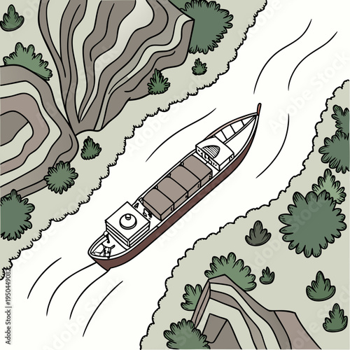 A boat is traveling down a river with trees on the banks