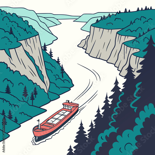 A red boat sails down a winding river canyon