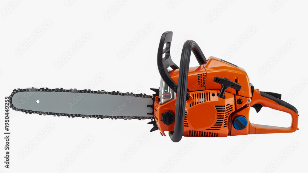 Fototapeta premium Orange chainsaw with black handle and grey blade