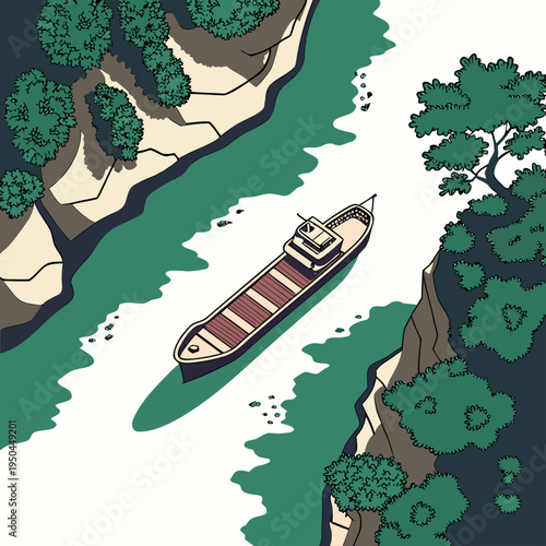 A brown and white boat sails down a river