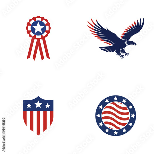 American patriotic symbols eagle, shield, ribbon badge and USA star flag emblem icons