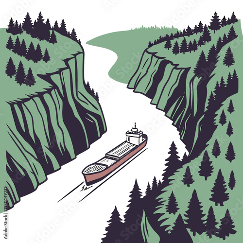 A large ship sails down a river between two cliffs