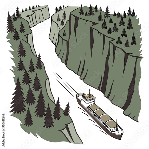 A boat sails through a river canyon