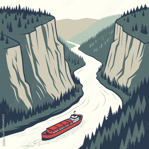 A red boat sails down a river between two large cliffs