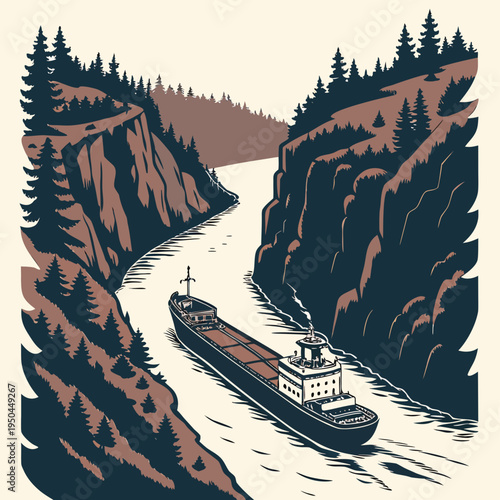 A large ship sails through a narrow river canyon