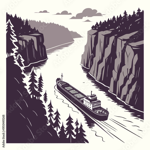 A large ship sails through a narrow river canyon