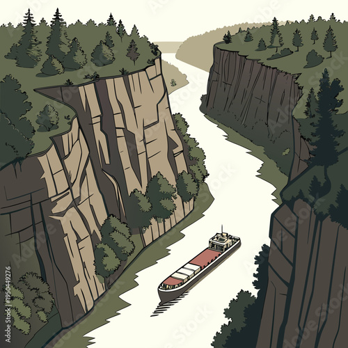 A large cargo ship sails down a river between two cliffs