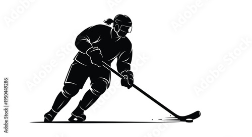 Silhouette of an ice hockey player skating with a puck isolated on white background