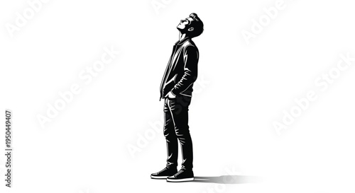 Silhouette of a man looking up isolated on white background