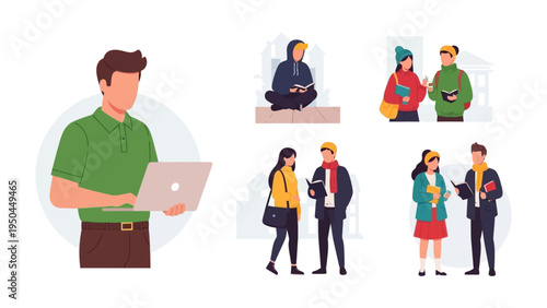 Digital Era Interaction: An illustration depicting various people engaged with digital devices, highlighting the modern human interactions within the digital environment.