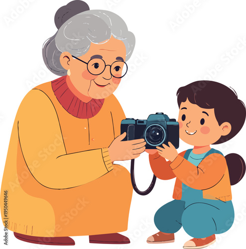 Heartwarming Scene of a Smiling Elderly Woman Teaching a Young Child How to Use a Physical Vintage Film Camera in Warm Tones during a Sunny Afternoon Outdoors