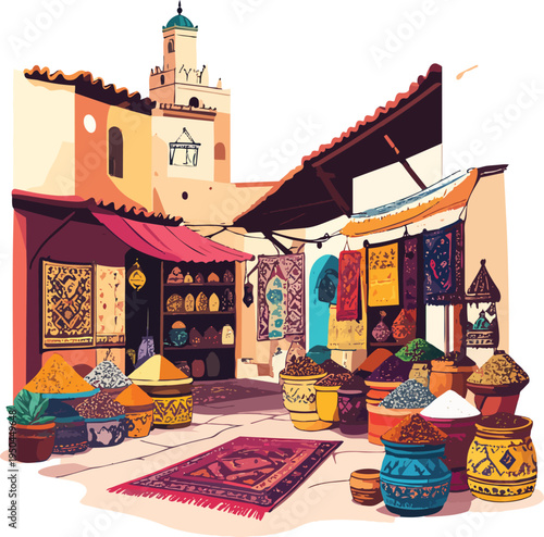 Vibrant and Busy Moroccan Souk Market Scene Illustrated in a Maximalist Colorful Style featuring Spice Stalls Handmade Rugs Textiles and Authentic Cultural Atmosphere