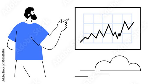 Business strategy, data analysis, financial growth, progress tracking, education, investment planning. A person pointing at a rising graph on a chart. Business strategy and financial growth concept