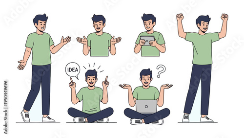Versatile Poses of A Young Man: A young man exhibits a variety of actions in illustration with diverse postures and expressions. 
