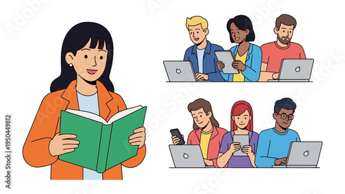 Knowledge Seekers and Digital Learners: A vibrant illustration showcasing individuals engrossed in reading and technology, a portrait of lifelong learning and digital engagement.
