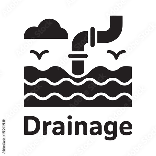 Simple black icon depicting industrial drainage emitting into water
