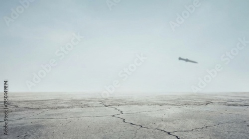 Cracked Earth and Distant Airplane in a Barren Landscape.