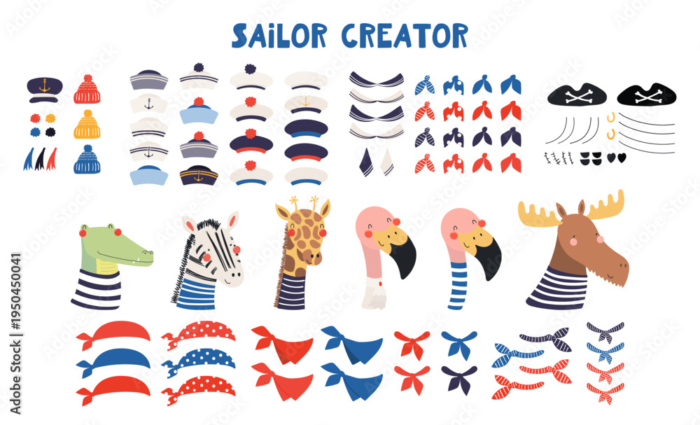 Fototapeta premium Cute sailor character creator, isolated illustration set. Crocodile, zebra, giraffe, flamingo, moose animals. Nautical clothes, accessory. Kid design element, clip art collection. Hand drawn vector