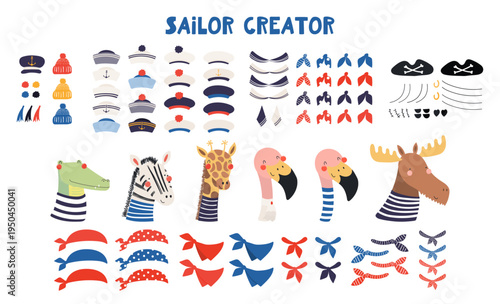 Cute sailor character creator, isolated illustration set. Crocodile, zebra, giraffe, flamingo, moose animals. Nautical clothes, accessory. Kid design element, clip art collection. Hand drawn vector