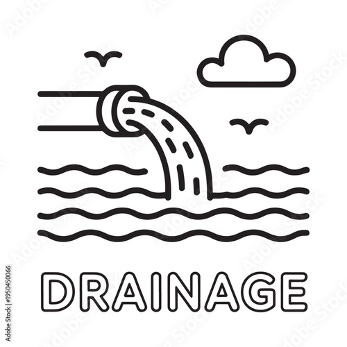 Simple line drawing depicts water flowing from a pipe into water