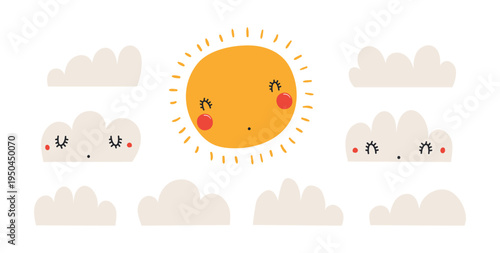 Sun, clouds with kawaii face isolated illustration set. Cute cartoon character. Weather design element, climate, forecast. Kids print, clip art collection. Hand drawn flat vector on white background.