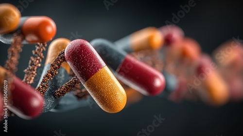Close-up of capsule pills integrated with a DNA helix, symbolizing genetic medicine and pharmaceutical research.