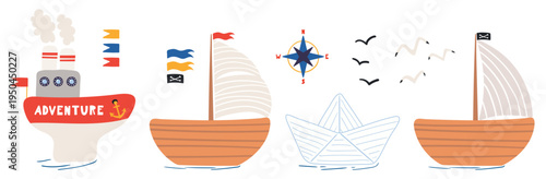 Sailing ship, steamship, paper boat illustration isolated set. Sea transport, vessel, means of transportation. Kids nautical print, design element, clip art collection. Hand drawn flat vector