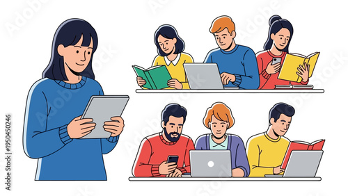 Focused Study: Individuals immersed in learning, captured in the act of reading books or engaging with technology, illustrating the pursuit of knowledge.