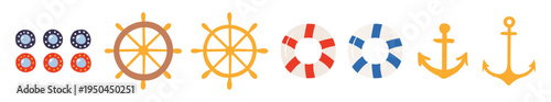 Ship wheel, anchor, porthole, lifebuoy, illustration isolated set. Part of ship, boat, yacht. Kids nautical print, design element, clip art collection. Hand drawn flat vector on white background