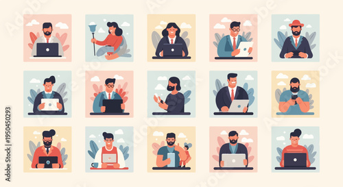 A collection of fifteen diverse individuals engaged in various work-related activities