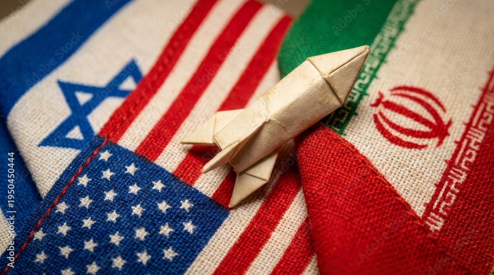 Fototapeta premium Origami rocket on flags of Israel USA and Iran symbolizing geopolitical tensions and potential conflict.