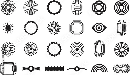 Collection of 20 unique black and white abstract line art shapes and patterns