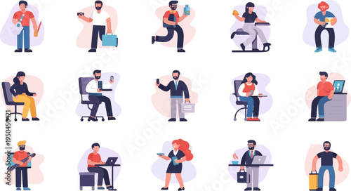 Collection of diverse people engaged in various activities, including work and leisure