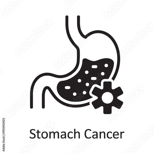 Illustration depicting a stomach with cancer cells and a gear symbol